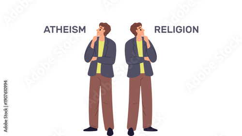 Man thinking about atheism and religion in a cartoon illustration style
