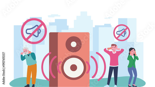 Loudspeaker vector illustration shows people covering their ears from noise pollution