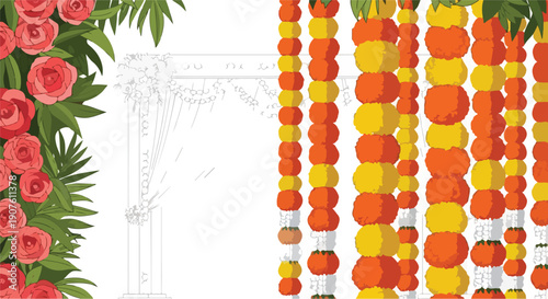 Vibrant Indian festival decorations featuring colorful marigold flowers and pink roses, with a traditional torana archway, conveying a joyful and celebratory mood for Ugadi, Gudi Padwa, or Diwali.