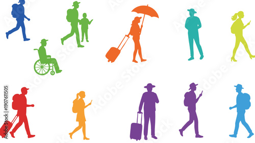 Travelers icon vector illustration with colorful silhouettes of people walking and luggage