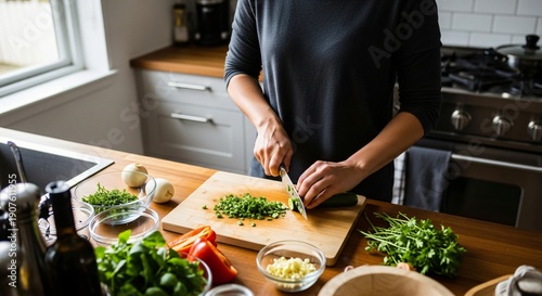 Wallpaper Mural Cooking Hobby in a Modern Home Kitchen, Individual Preparing Fresh Ingredients on a Wooden Countertop, Natural Window Light, Candid Hands Movement Torontodigital.ca