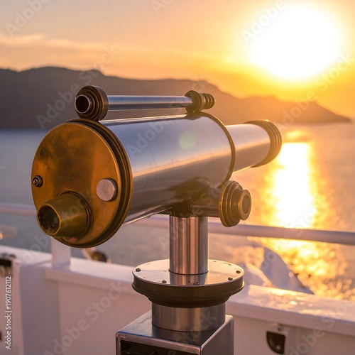Wallpaper Mural Close-up of a viewing scope on a ship's deck, golden sunset over water and distant land Torontodigital.ca