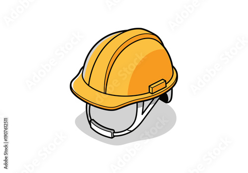 A yellow hard hat on a white background, viewed from the side, illustrating safety equipment