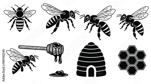Collection of black and white bee icons featuring stylized flying insects, a traditional skep hive, honey dipper, and honeycomb cells for vector illustration projects.