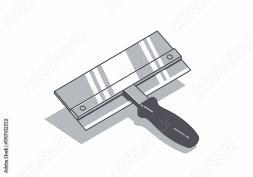Illustration of a putty knife with a black handle on a plain white background viewed from an angle
