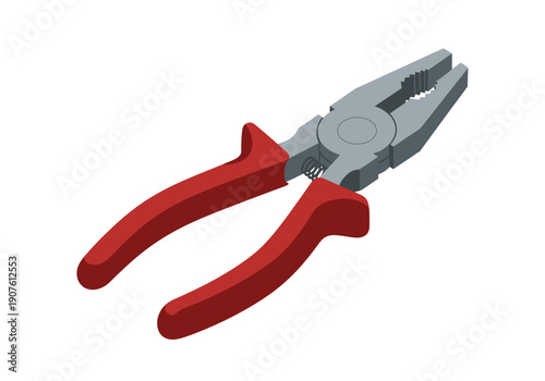 A pair of red-handled metal pliers displayed on a white background from a slightly angled viewpoint.