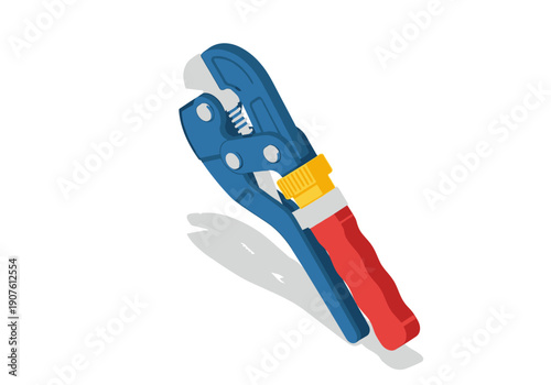 A blue adjustable wrench with red and yellow handles on a clean surface