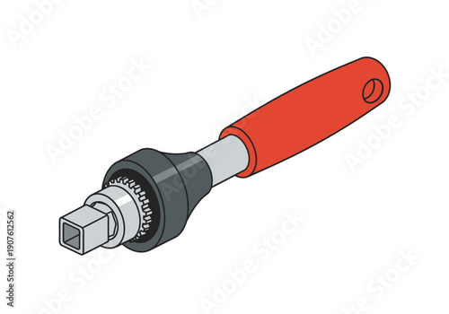 Illustration of a ratchet tool with red handle and silver metal components on a plain background