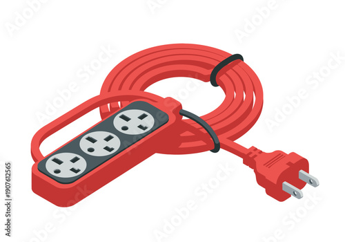 Red extension cord with three outlets and a plug on a white background viewed from above