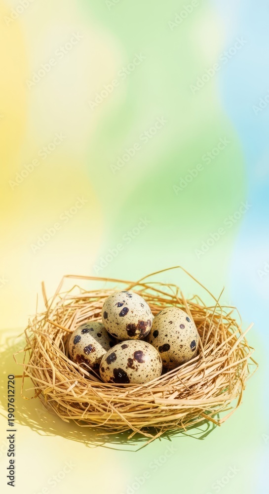 Obraz premium Farm fresh speckled hen eggs nestled in straw, celebrating the spring season and the traditional customs of the joyful Easter holiday, pastel, baking, organic