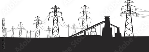 Industrial Power Line Towers and Coal Plant Silhouette Landscape pylon