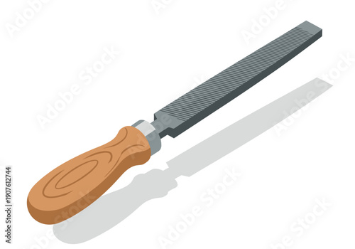 A wood chisel with a wooden handle and metal blade is displayed on a white surface from a diagonal viewpoint.
