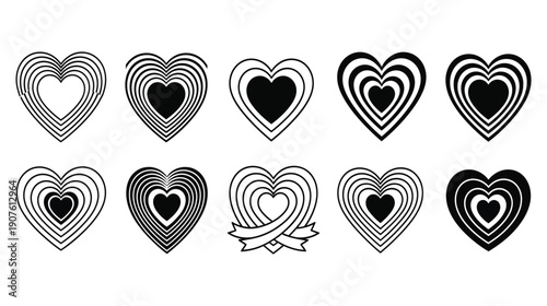 Collection of ten black and white concentric heart icons featuring various outline styles and solid fillings ideal for Valentine's day designs.