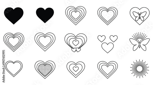 Collection of stylized black and white vector icons featuring various heart shapes, layered outlines, butterflies, and radiating sun bursts for design projects.