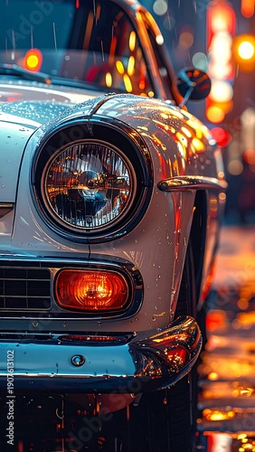 Wallpaper Mural Close-up of a vintage automobile's front end, illuminated by streetlights, rain falling. Nighttime scene with wet asphalt Torontodigital.ca