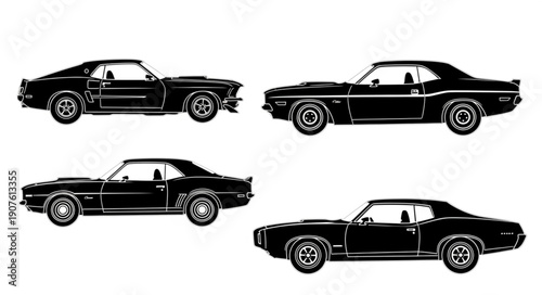 Four Vintage American Muscle Cars Silhouette Collection.