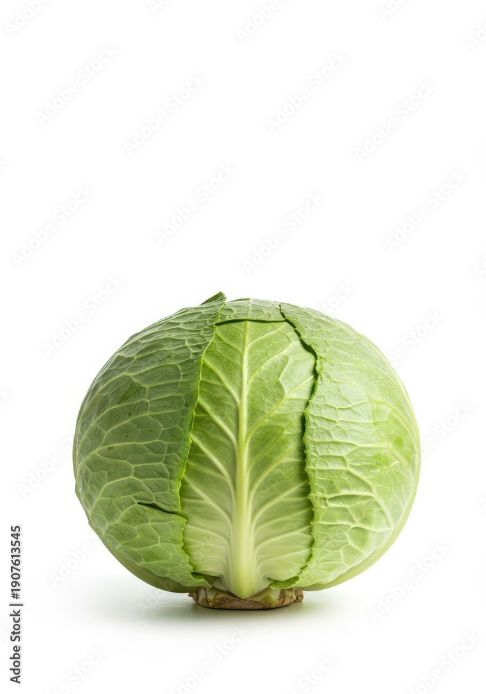 Fototapeta premium Whole fresh green cabbage isolated on a bright white background. Crisp texture and healthy leaves showcase natural organic produce, white background, crisp, harvest