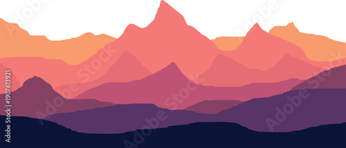 Vibrant mountain landscape with colorful layered peaks at sunset