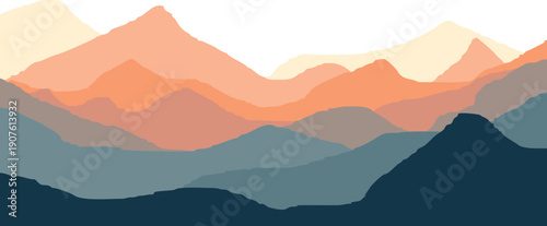 Vibrant mountain landscape with layered peaks in warm sunset colors