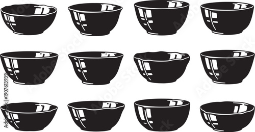 Set of black bowls on white background illustration design