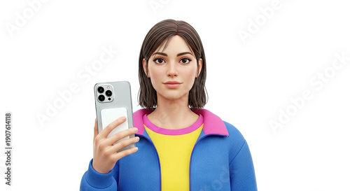 3D Render of a Woman Holding a Silver iPhone