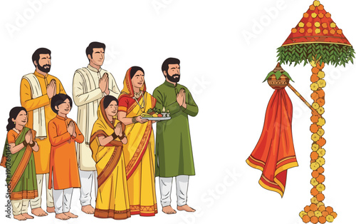 Illustration of a Hindu family celebrating Ugadi or Gudi Padwa with traditional attire and decorations on a white background.