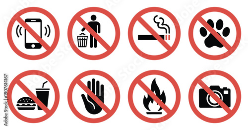Prohibited icons set, showcasing clear no cell phone, no litter, no smoking, no pets, no food, no fire, and no photography symbols.