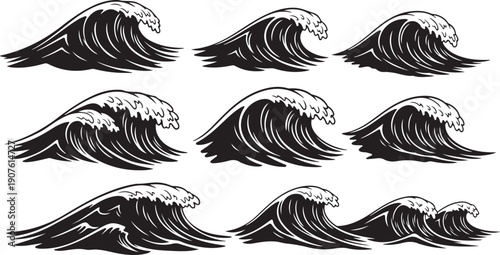 Set of ocean wave illustrations in black and white