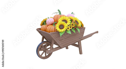Wheelbarrow filled with pumpkins and sunflowers