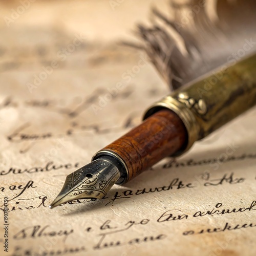 Wallpaper Mural Close-up of a vintage fountain pen with a feather quill resting on a handwritten document with faded sepia tones Torontodigital.ca
