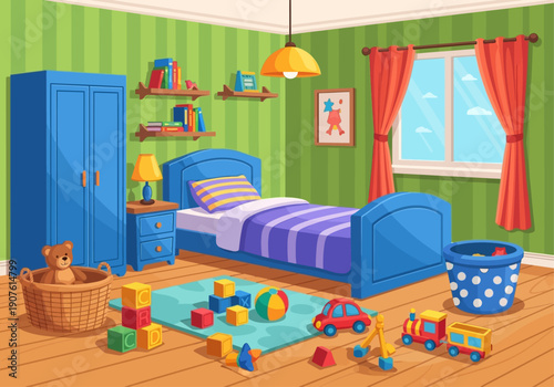 Colorful Kids Bedroom Illustration with Toys and Cute Cartoon Interior Design