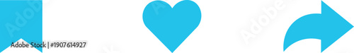 Collection of three simple blue vector icons: a bookmark tab, a heart, and a share arrow.