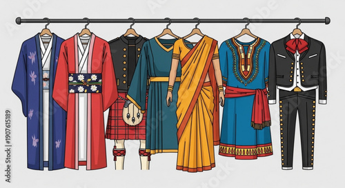 Collection of diverse traditional clothing on hangers cultural attire from around the world vector illustration for design