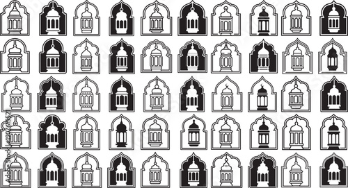 arabic lantern icons in various shapes and designs on white background  islamic architecture elements