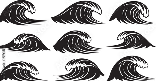 Black and white wave graphics in various crashing styles