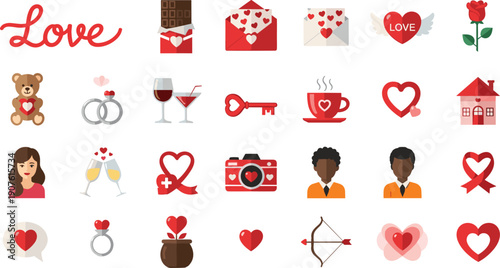 Valentine’s Day icons with hearts, roses, teddy bear, rings, wine glasses, envelopes, ribbons, gifts, and romantic symbols for love, wedding, dating, and celebration design projects