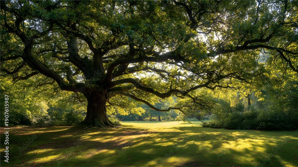 Fototapeta premium Majestic Ancient Oak Tree Bathed in Golden Sunlight.