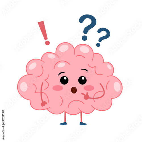 Brain question mark cartoon character in flat design, representing doubt, confusion or indecision.