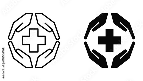Caring hands surrounding medical cross symbolizing healthcare support