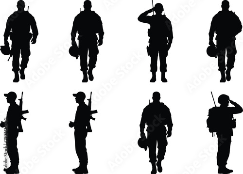 Soldier silhouettes in various poses, walking and saluting.