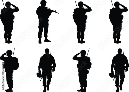 Soldier silhouettes in action, saluting and holding rifle.