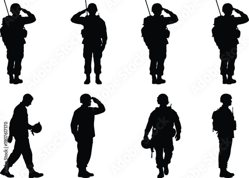 Military soldier silhouettes, saluting and marching poses