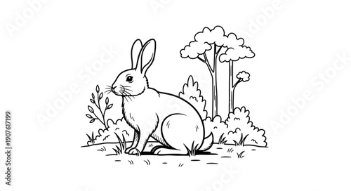 Rabbit Sitting in a Forest Clearing Surrounded by Trees and Plants.