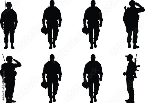 Set of soldier silhouettes, military personnel actions