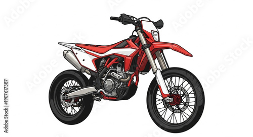 Red and White Dirt Bike Motorcycle on White Background.