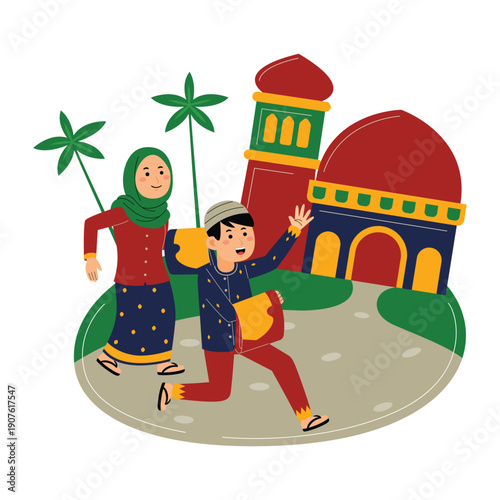 Muslim Couple Walking Near Mosque