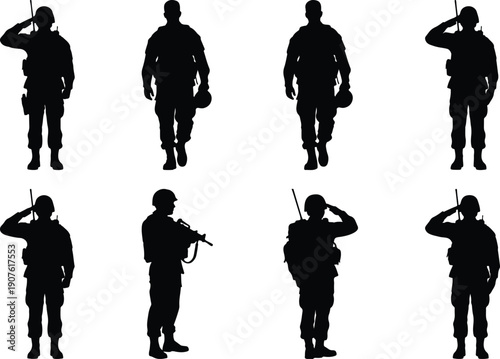 Army soldier silhouettes, armed and in action poses