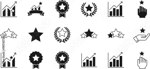 Rating and achievement icon set with stars graphs badges laurels growth charts and success symbols isolated vector illustration