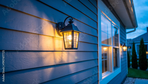 Yellow glowing wall-mounted lanterns on a blue house exterior. Warm outdoor lighting on a backyard patio during twilight, architectural residential detail.