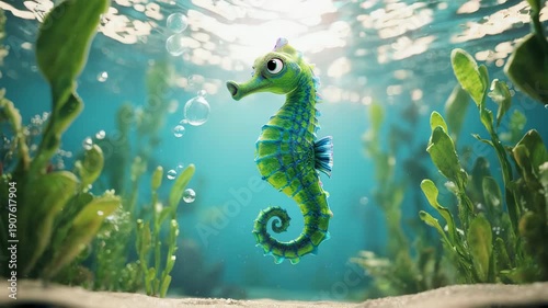 A whimsical green seahorse with large eyes swims near the ocean floor amidst lush aquatic plants and shimmering sunlight filtering through the water